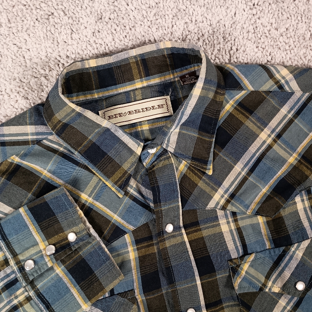 Bit & Bridle‎ Pearl Snaps Plaid Long Sleeve Mens Western Shirt XL